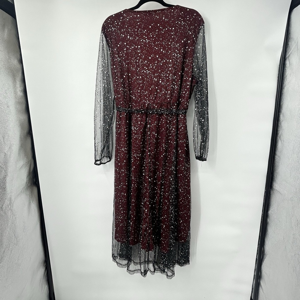 NWT BloomChic 18/20 Burgundy Glitter Mesh Midi Dress Surplice Long Sleeve Belt - Picture 7 of 9